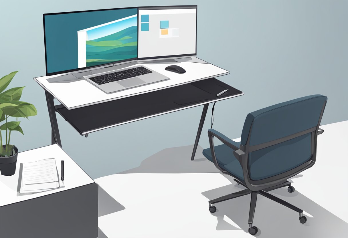 A desk with a computer, notebook, and pen. A presentation screen with animated slides. A comfortable chair for the instructional designer