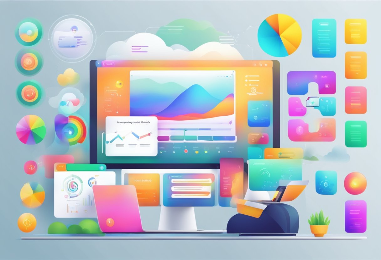 A colorful digital interface with interactive elements and educational content