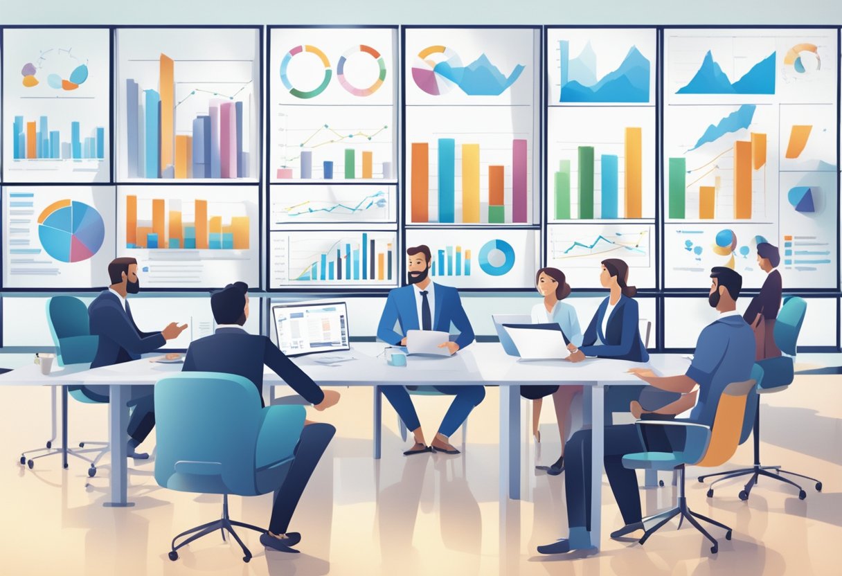 A variety of animated characters engage in strategic discussions amidst a corporate setting, with charts and graphs displayed in the background