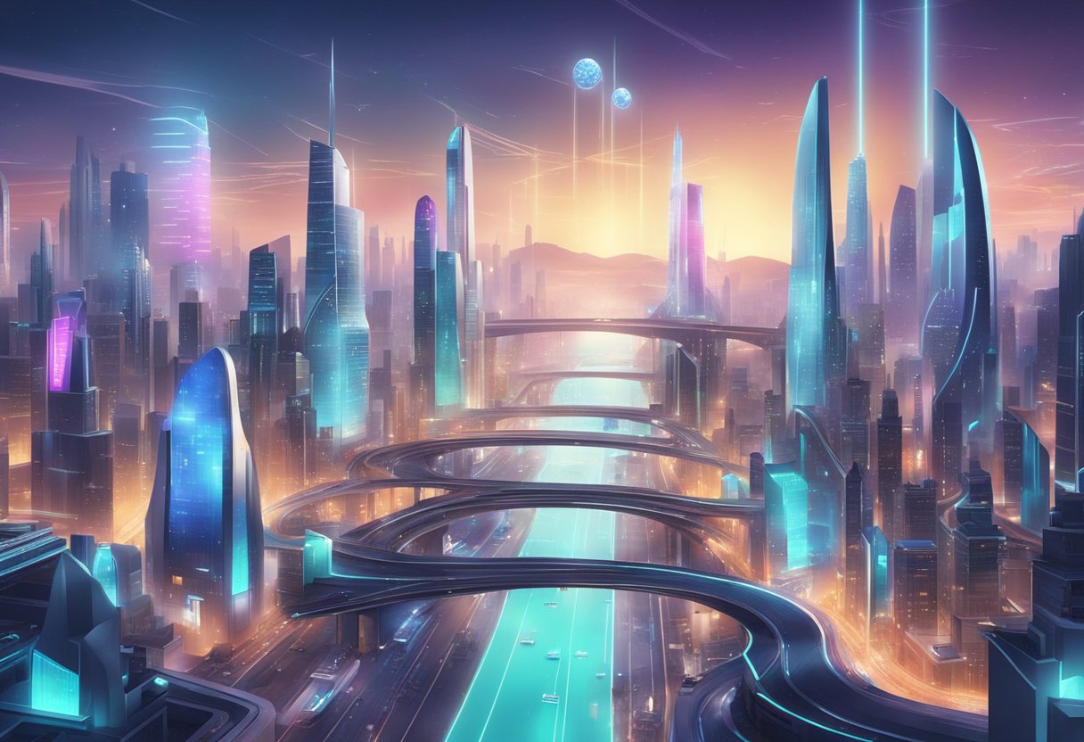 A futuristic cityscape with holographic displays and animated logos representing Animation Technologies and Software's corporate animation strategies