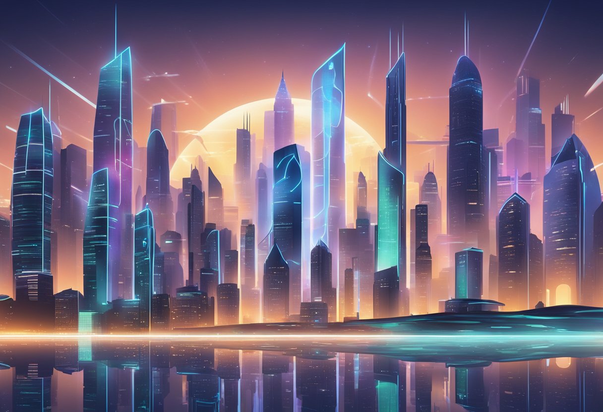 A futuristic city skyline with animated data streams flowing between high-rise buildings and corporate logos projected onto the skyline