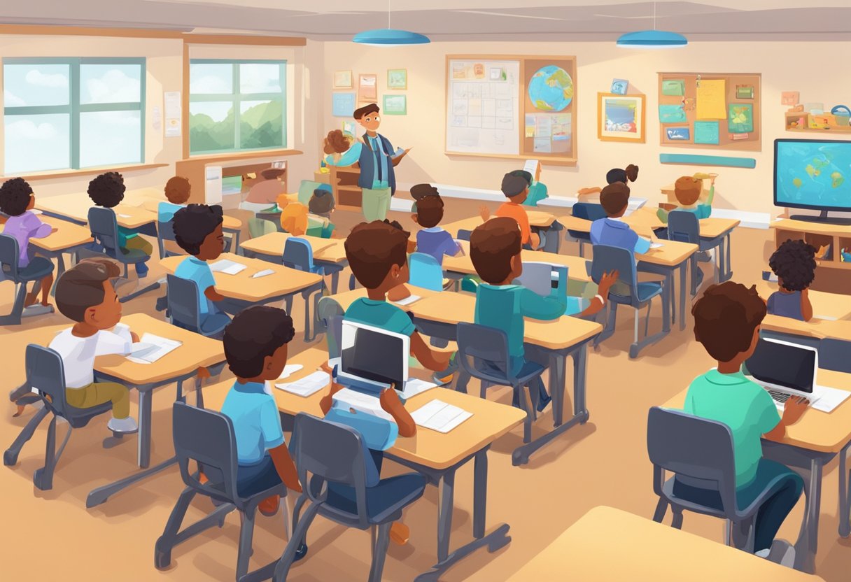 A classroom setting with animated characters teaching and engaging with students using digital devices