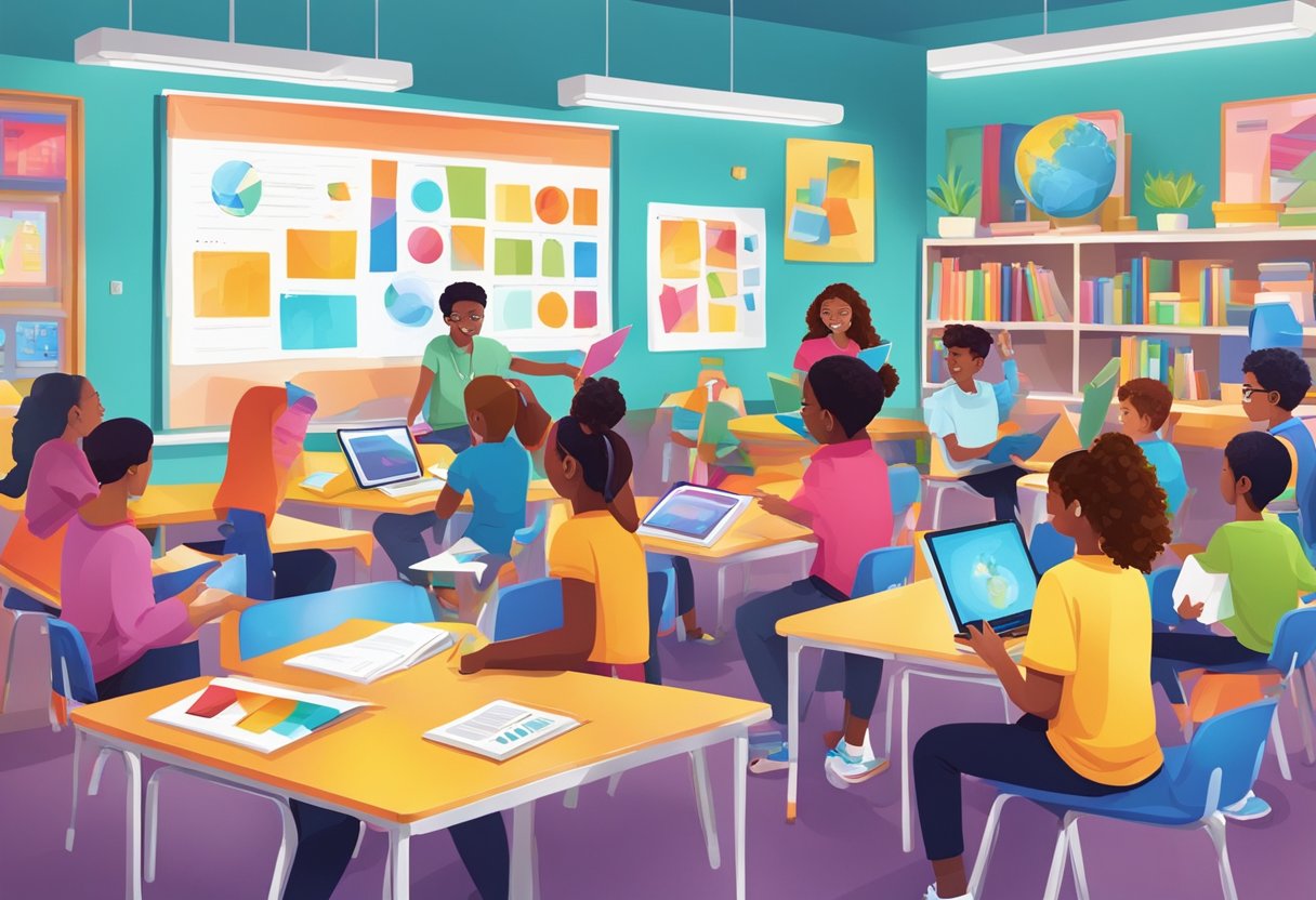A group of young people engaging with interactive educational materials in a colorful and vibrant classroom setting