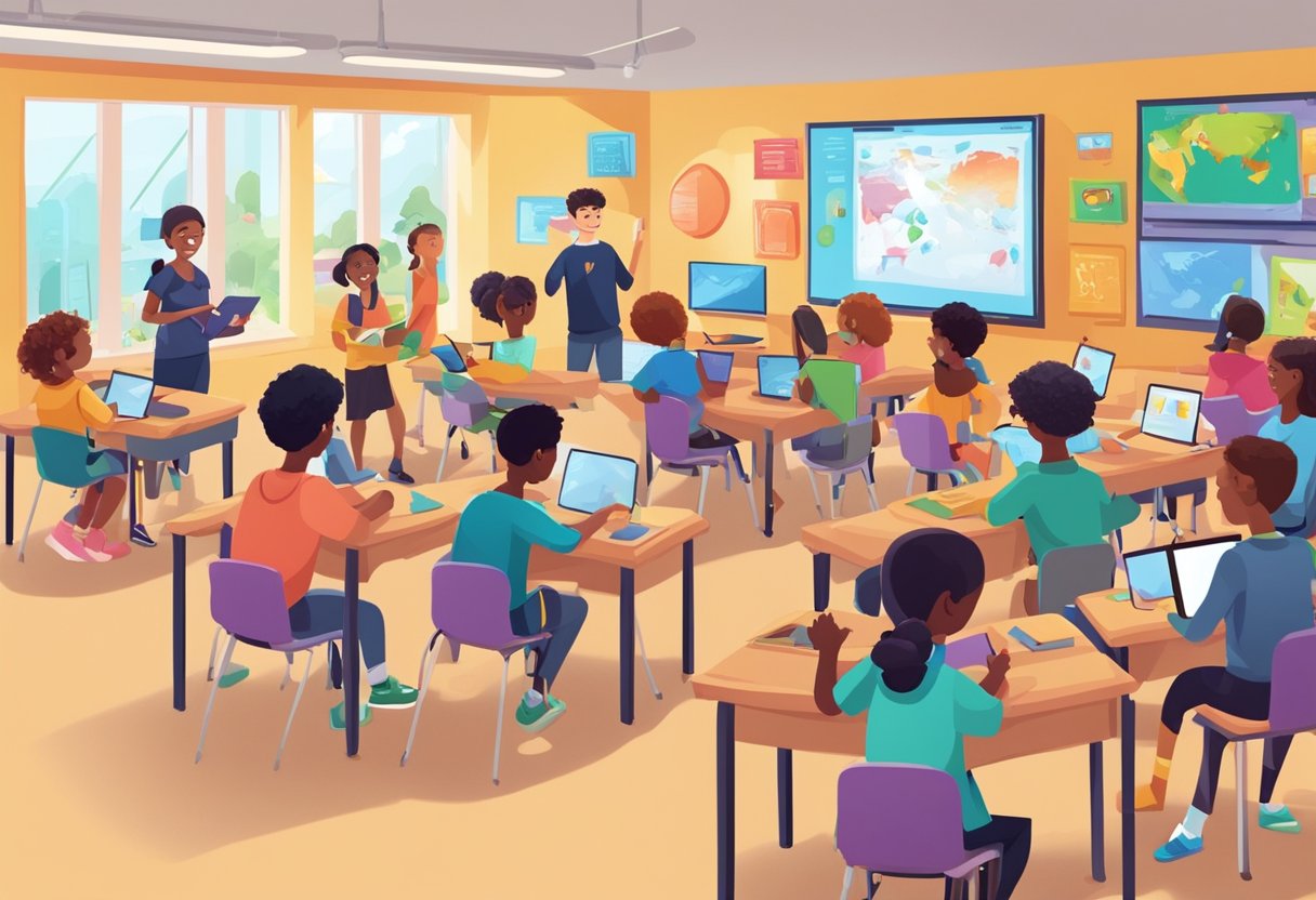 A classroom with diverse students engaged in animated storytelling activities, surrounded by colorful illustrations and digital devices