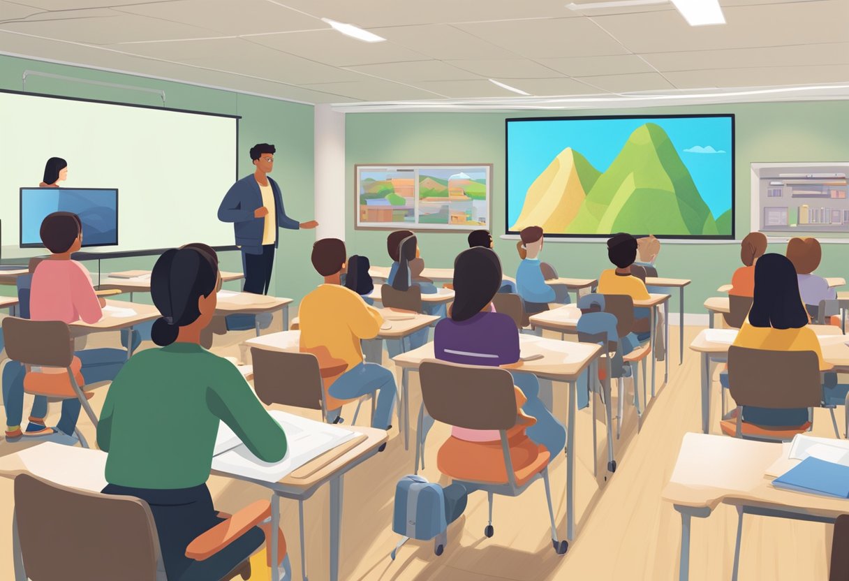 A classroom setting with a television and educational animation displayed on the screen, while students engage with the content