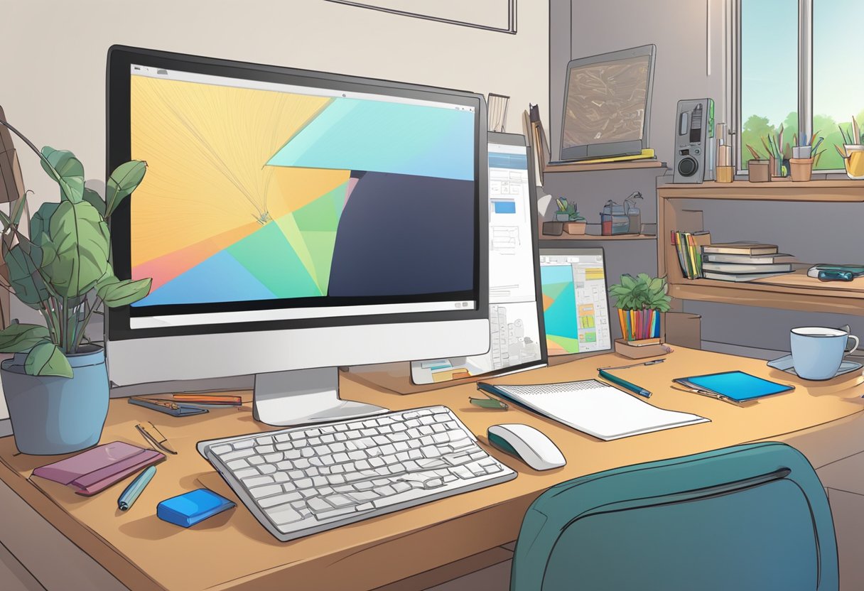 A classroom setting with a computer, drawing tablet, and animation software open on the screen. Various educational objects and materials are scattered around the workspace