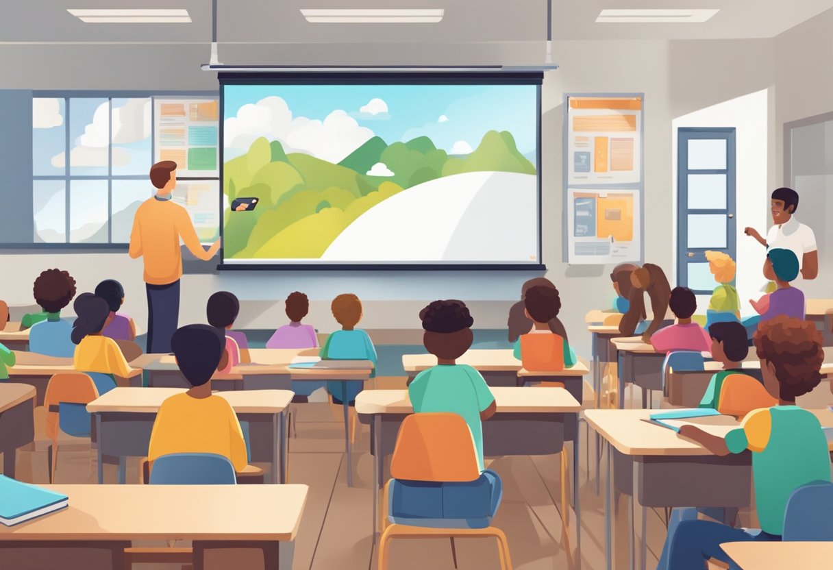 A classroom setting with a projector displaying animated educational content while students engage with the material