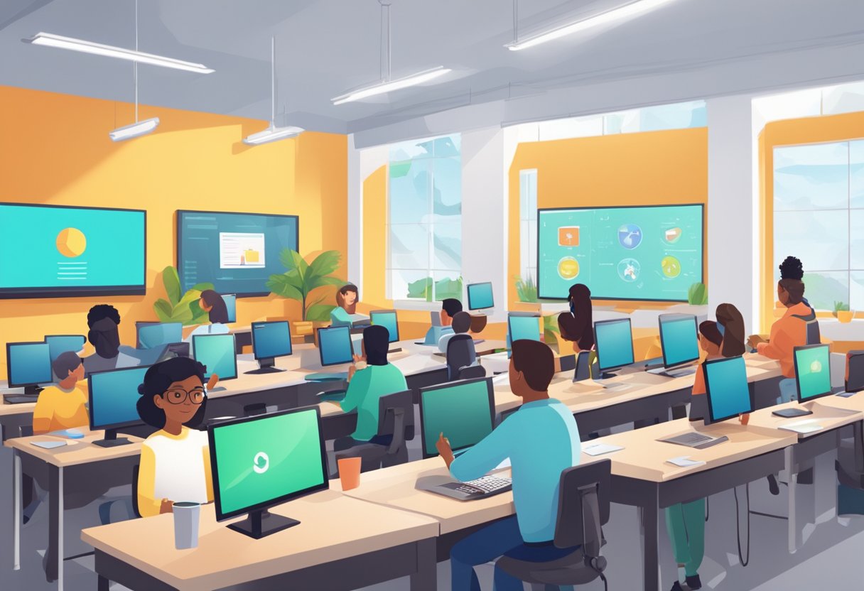 A classroom setting with a modern computer lab and students engaging with animated educational content on their screens