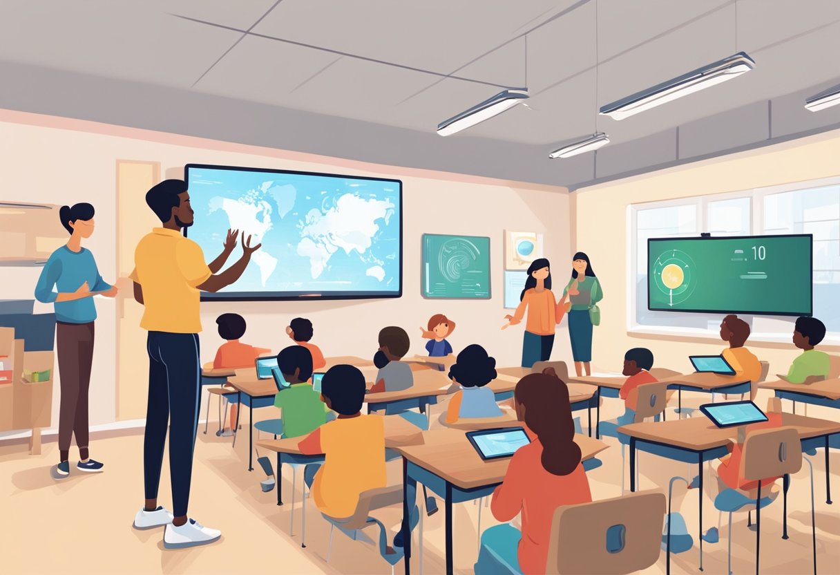 A classroom setting with students engaging with animated educational content on interactive screens, while a teacher facilitates the lesson