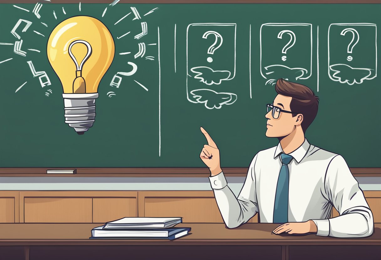 A student surrounded by question marks, with a light bulb above their head, while a teacher points to a chalkboard with FAQs written on it