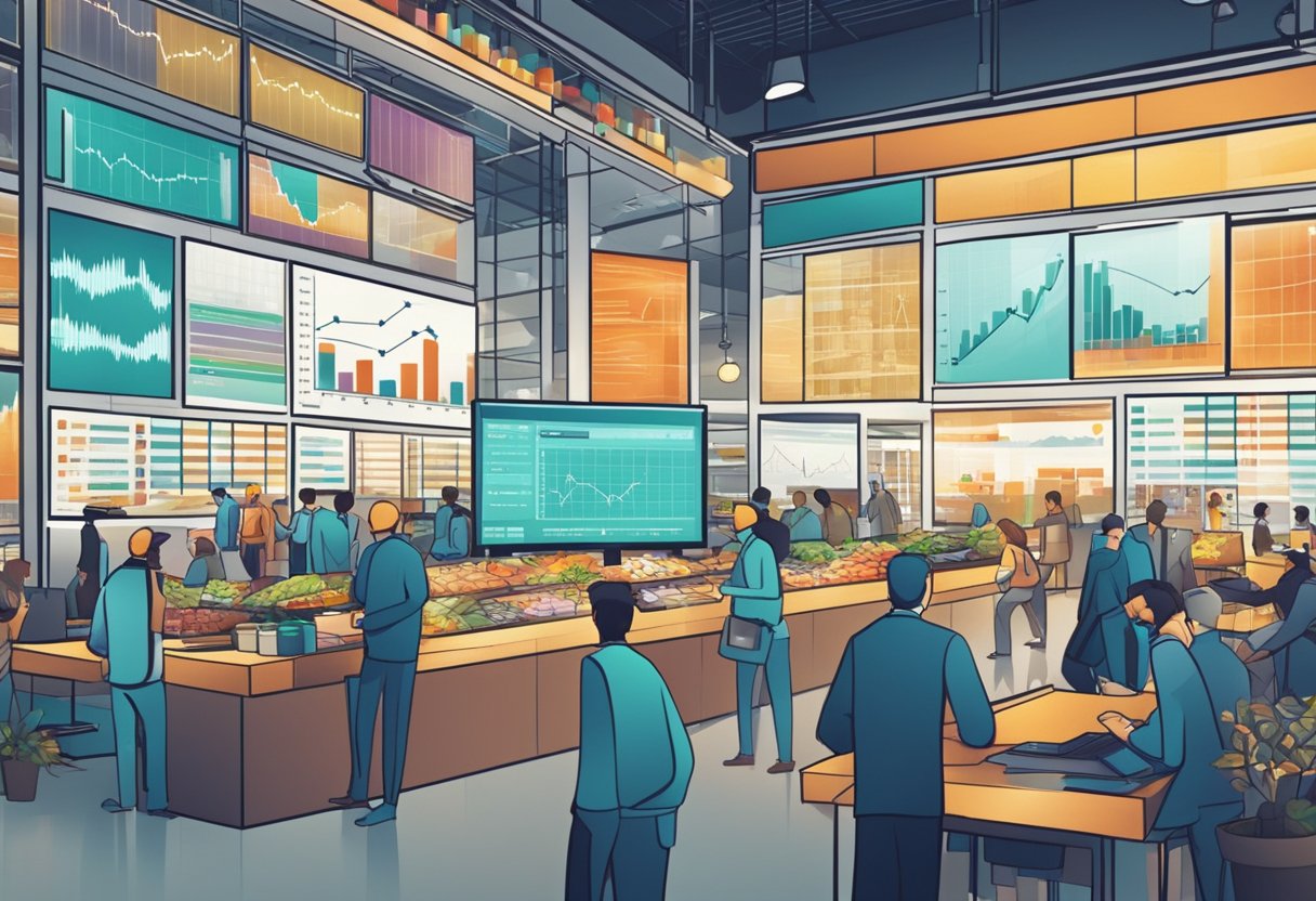 A bustling market with animated graphs and charts showing industry trends and analysis