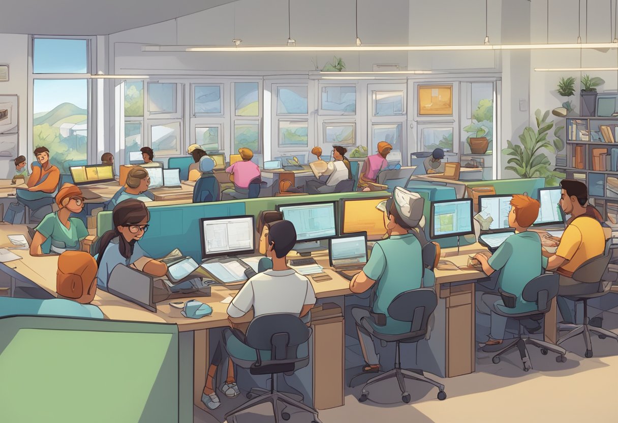 A lively animation studio buzzing with creative energy and filled with artists working on storyboards and character designs