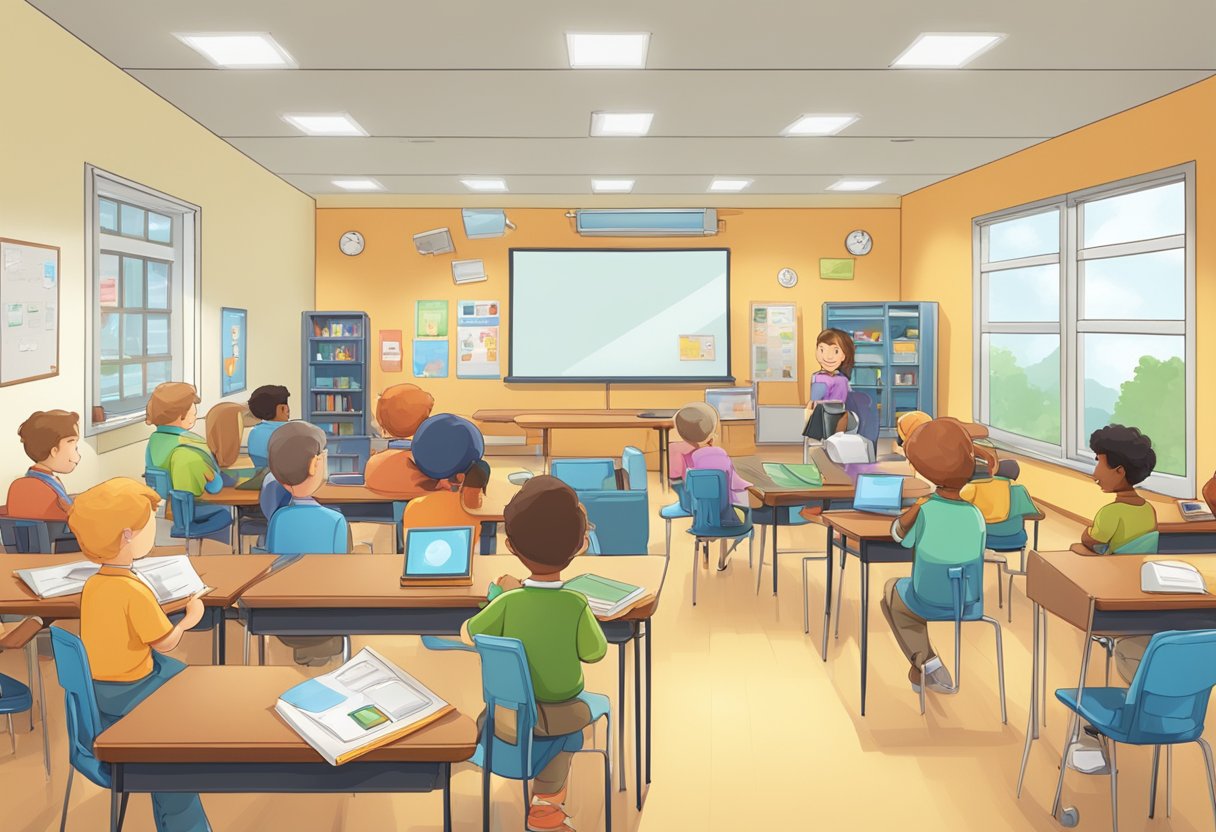 A classroom setting with animated characters interacting with educational materials and technology