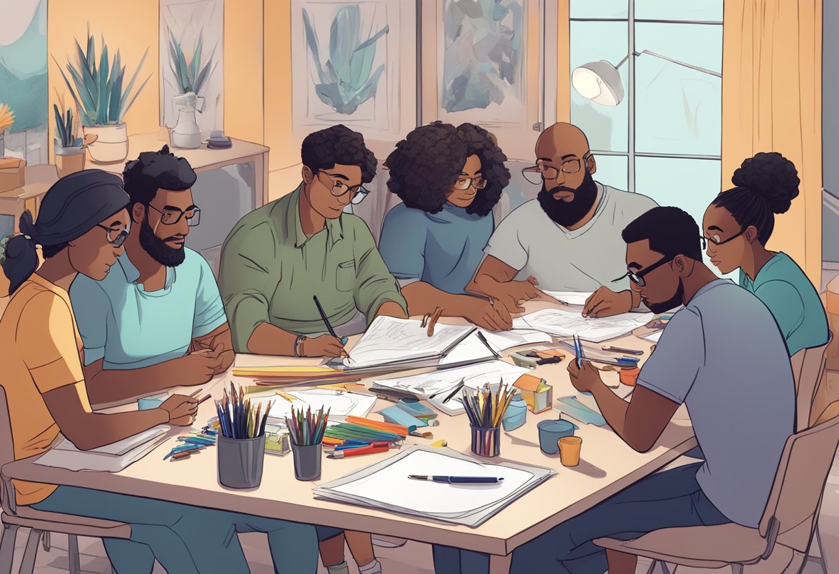 A group of diverse characters gather around a table covered in art supplies, sketching out ideas for a new animation project
