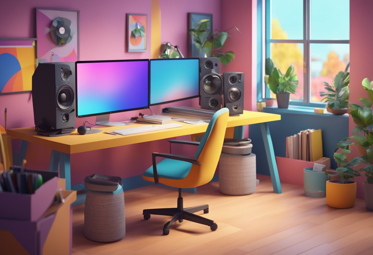 A colorful, dynamic 3D animation studio with professional equipment and a team of skilled artists creating high-quality content in the UK