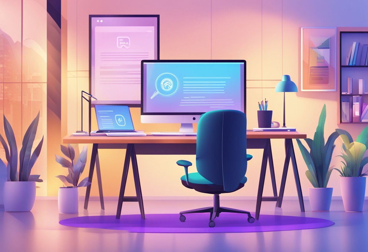 A sleek, modern office setting with a computer screen displaying an animated FAQ section. Bright lighting and professional decor