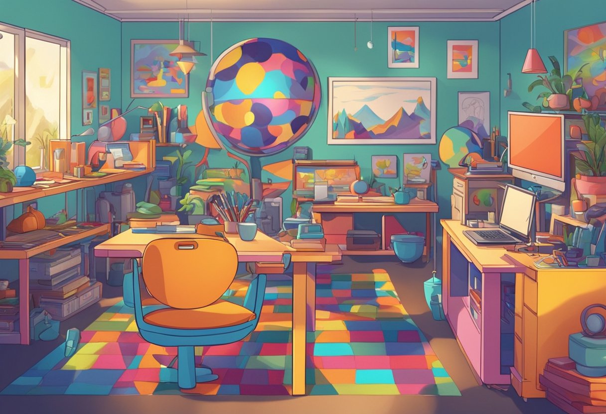 A colorful, dynamic animation studio with various characters and objects interacting in a lively, educational setting