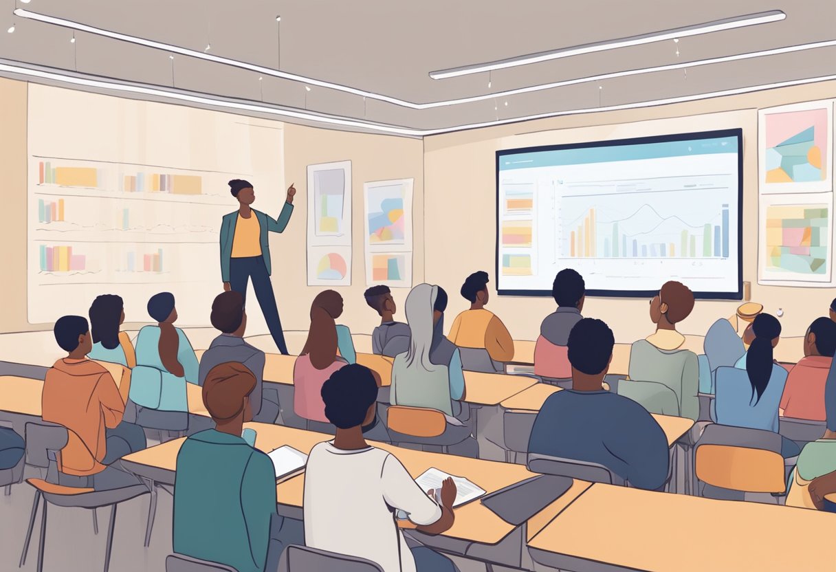 A group of diverse students gather around a large screen, watching animated educational content. A teacher points to the screen, while others take notes and discuss