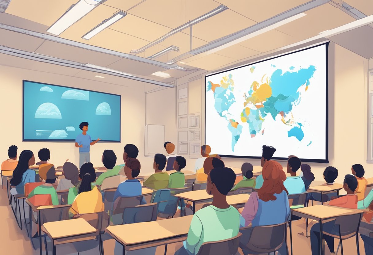 A classroom setting with students watching a projection of educational animation testimonials on a large screen