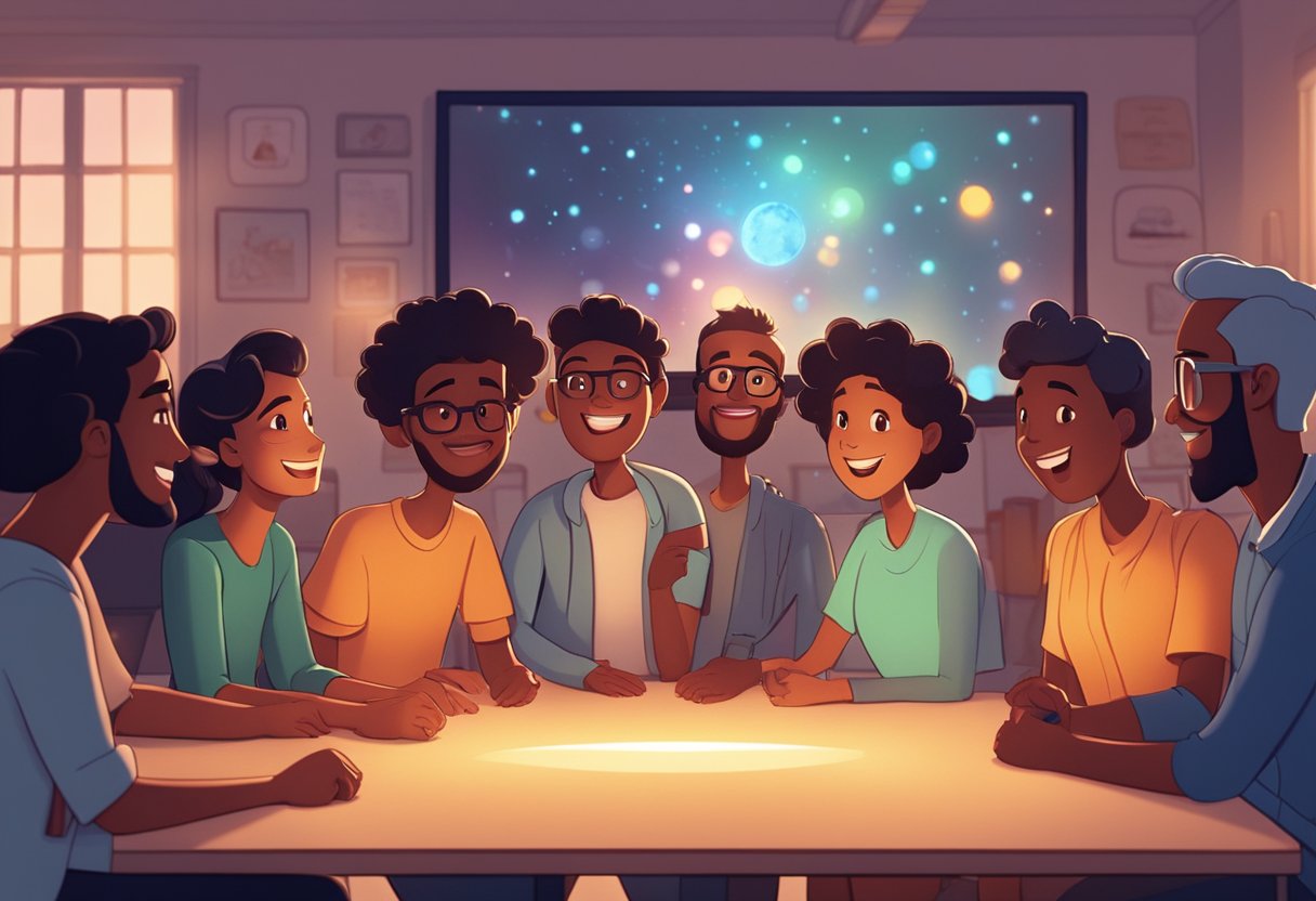 A diverse group of animated characters gather around a glowing screen, sharing enthusiastic testimonials about their experience with Storytelling Excellence in Animation