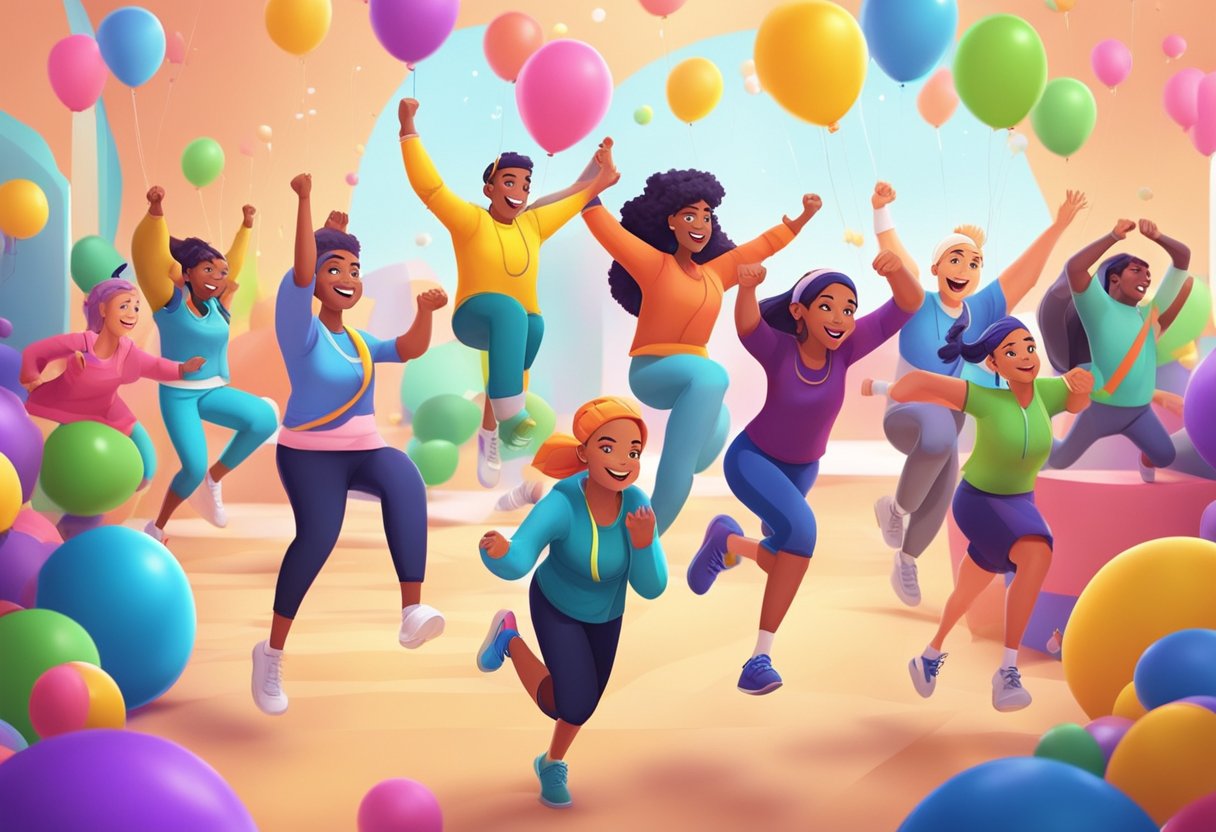 A group of animated characters overcome obstacles and celebrate success in a vibrant, dynamic training environment