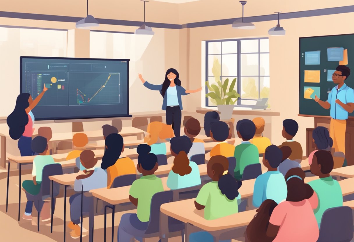 A classroom setting with diverse students engaging with interactive educational animations, while a teacher presents investment opportunities