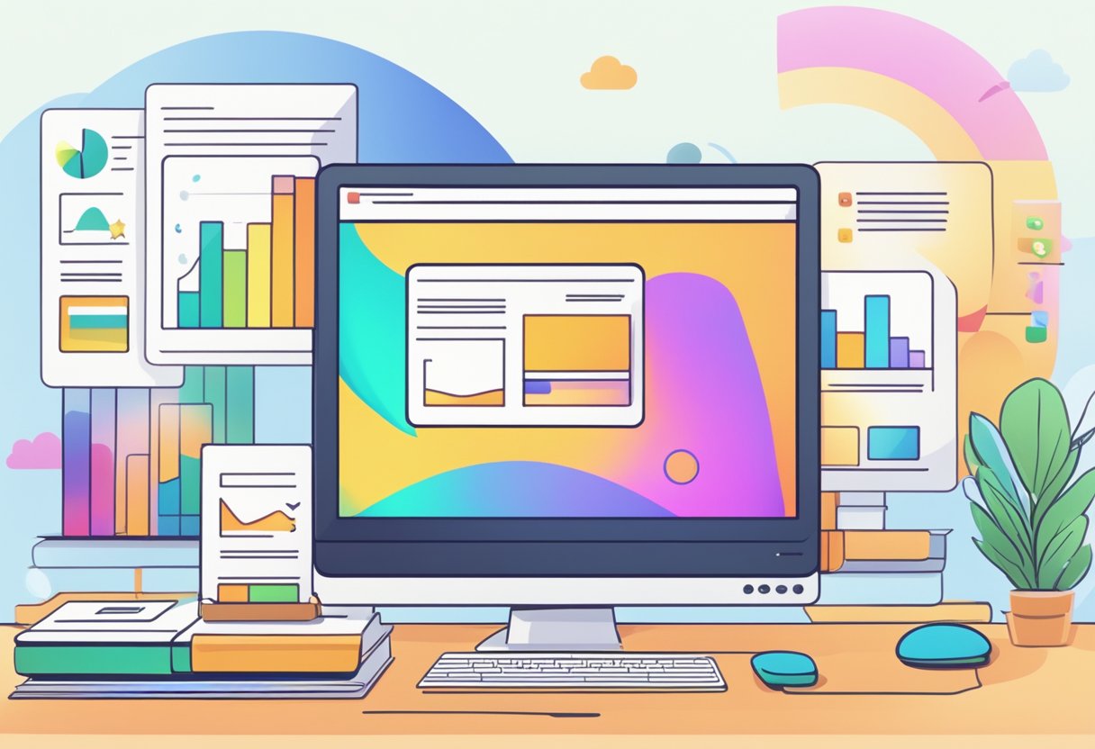 A computer screen displaying a colorful, engaging educational animation with a progress bar and positive testimonials below