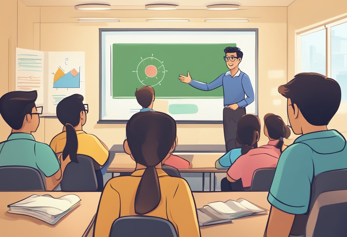 An animated character explaining complex concepts to a group of engaged students, with dynamic visuals and interactive elements enhancing the learning experience