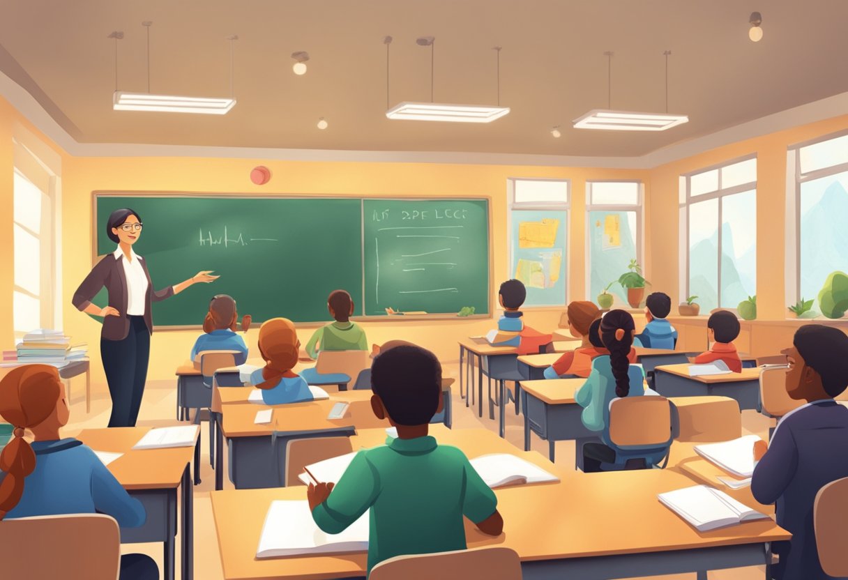 A classroom setting with a traditional teacher at the front, while animated characters and visuals engage students at their desks