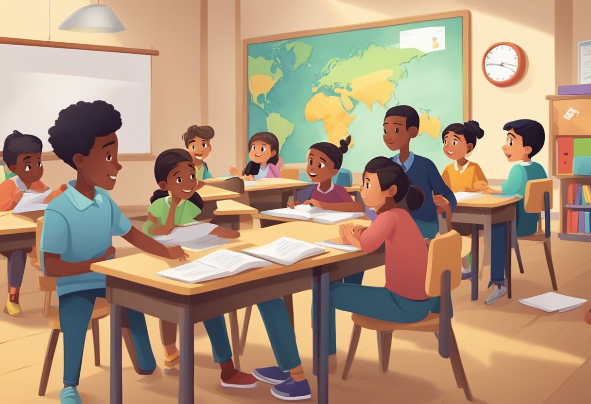 A group of animated characters engage in a lively discussion, while traditional teaching methods are depicted through a classroom setting with a teacher and students