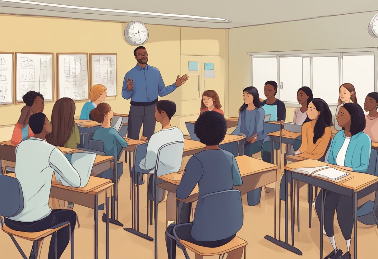 A classroom with diverse students practicing vocal techniques under the guidance of a UK education instructor