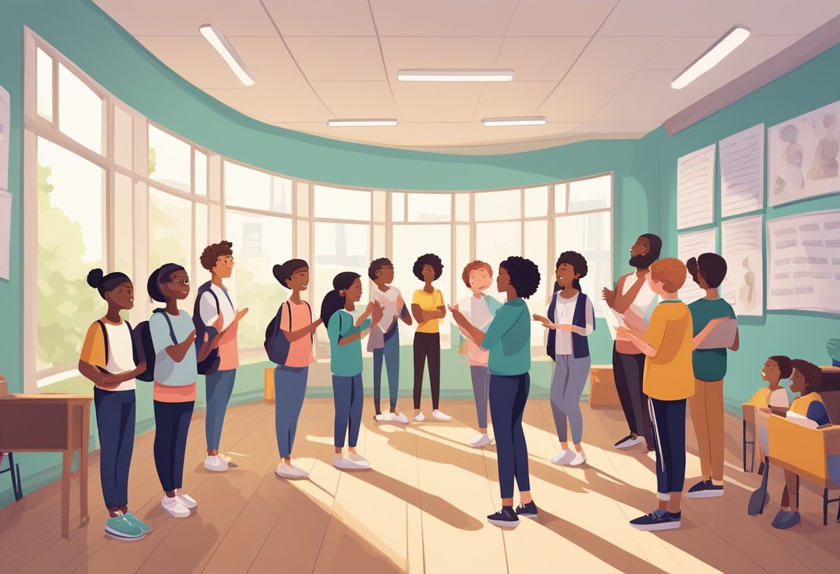 A group of students stand in a circle, practicing vocal exercises with a teacher in a bright, spacious classroom. The walls are adorned with posters of famous singers and musical notes