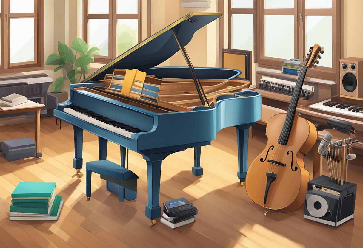 A classroom with musical instruments representing diverse genres: a grand piano, a classical guitar, a microphone, and a turntable