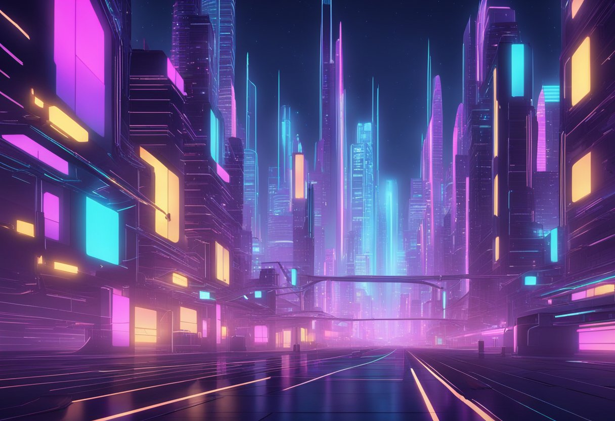 A futuristic cityscape with neon lights and holographic projections, showcasing advanced 3D animation techniques and renderings