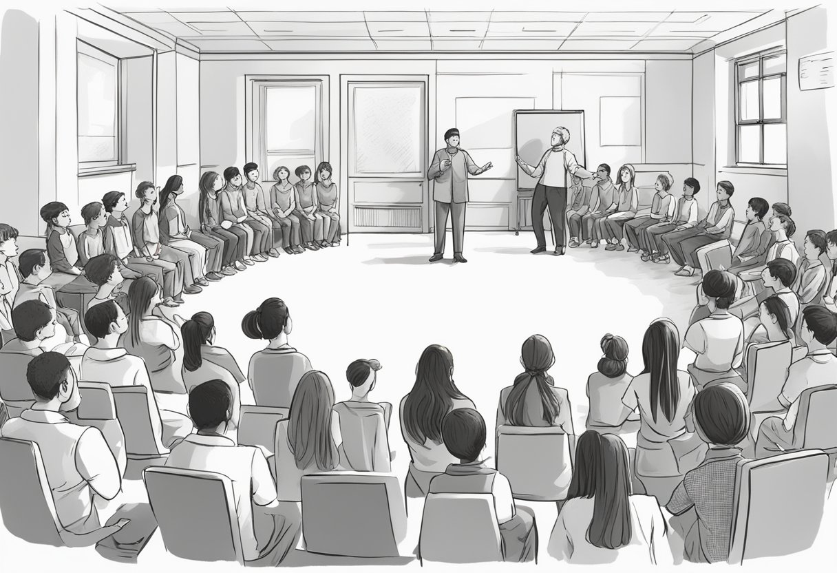 A group of students stand in a circle, vocalizing various exercises. The teacher guides them, demonstrating proper technique. The room is filled with the sound of their voices