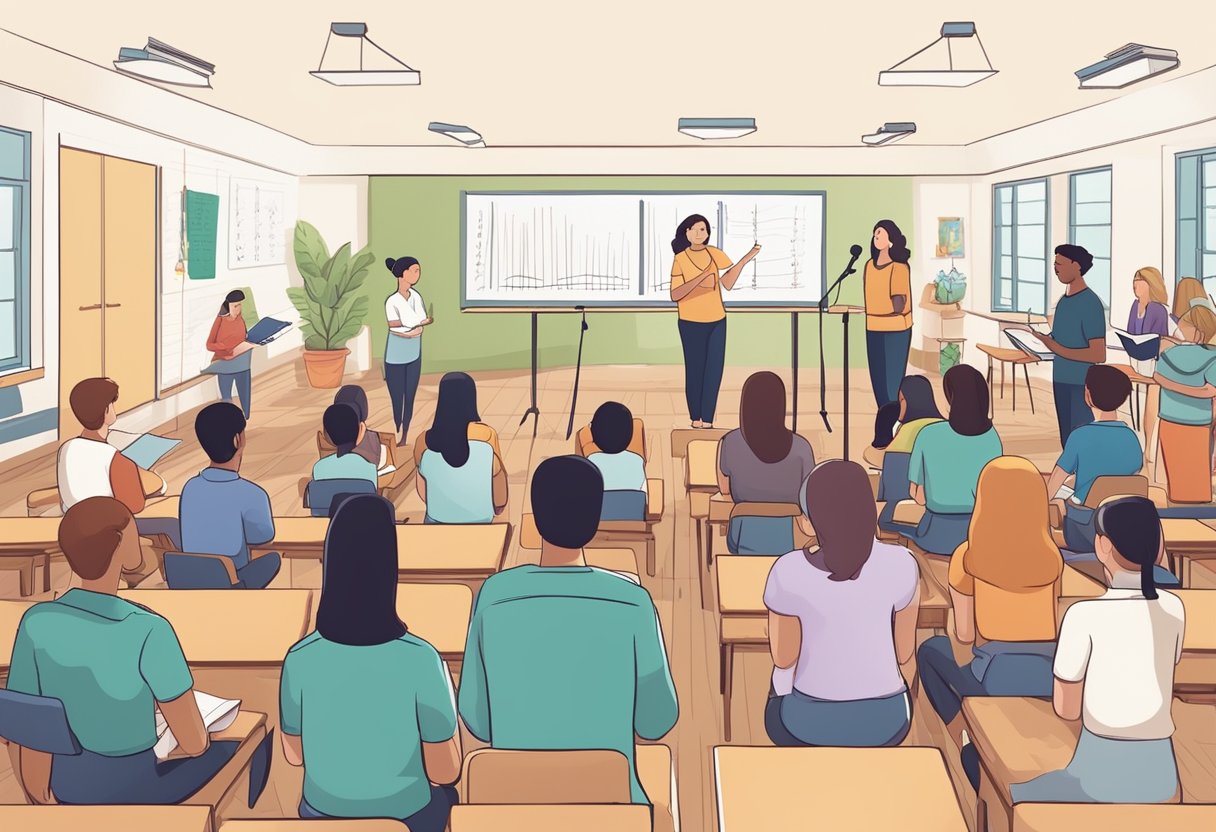 A classroom filled with students practicing vocal exercises with a vocal coach. Books and educational materials on vocal training are scattered around the room