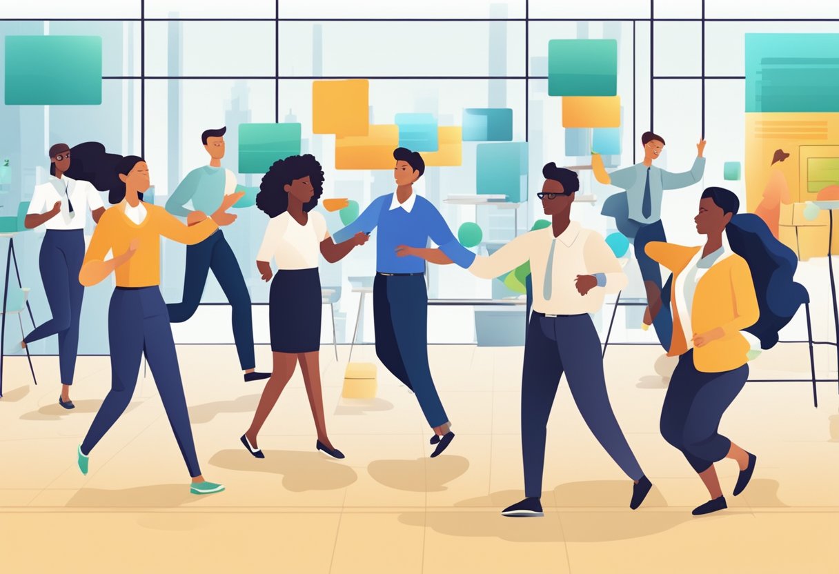 A group of diverse employees engage in animated training exercises, with colorful graphics and dynamic movement