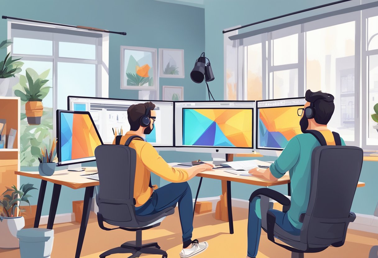 A team of animators work at their desks, sketching and animating characters on computer screens in a bright and spacious studio