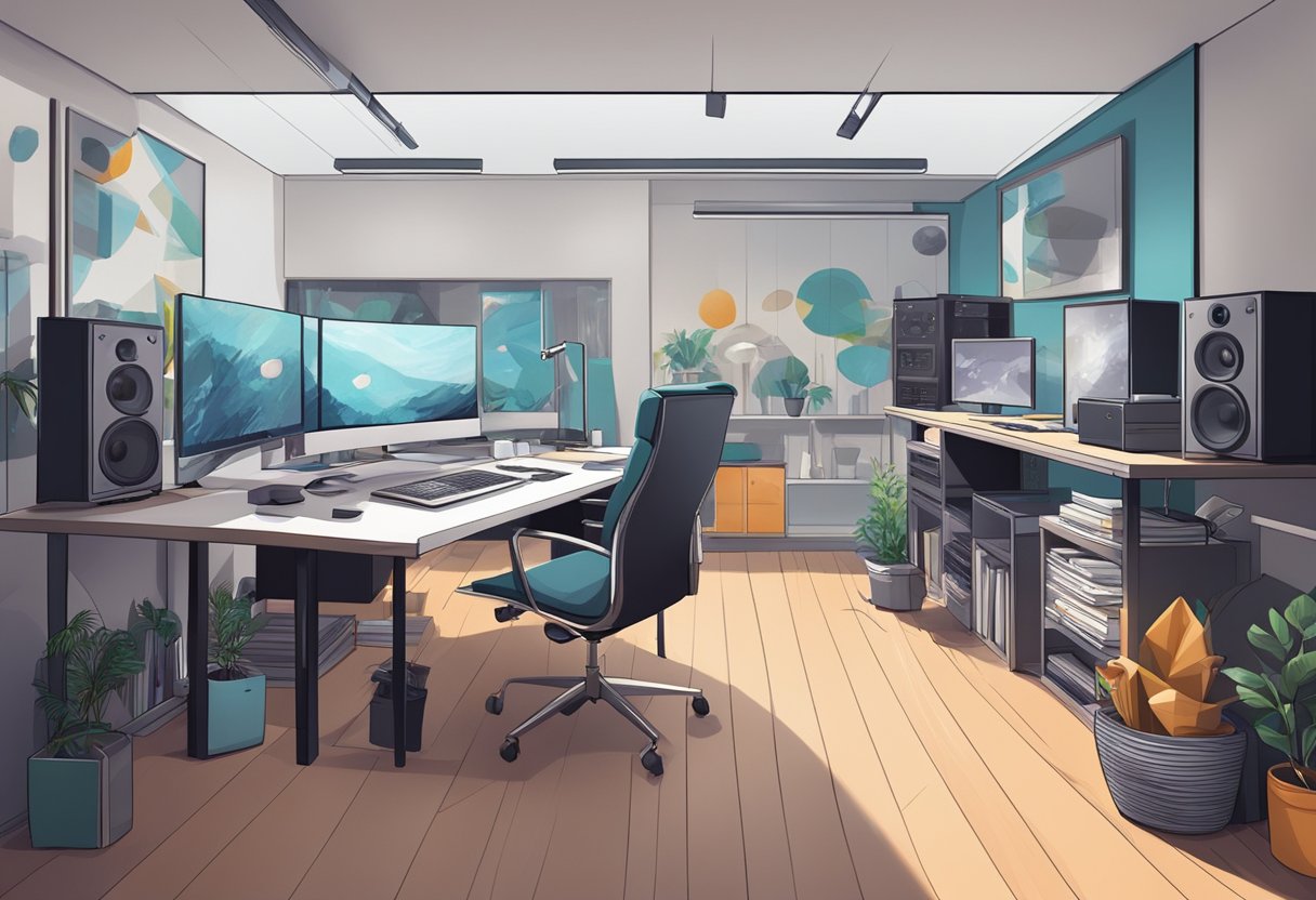 A sleek, modern animation studio with cutting-edge technology and trendy design elements