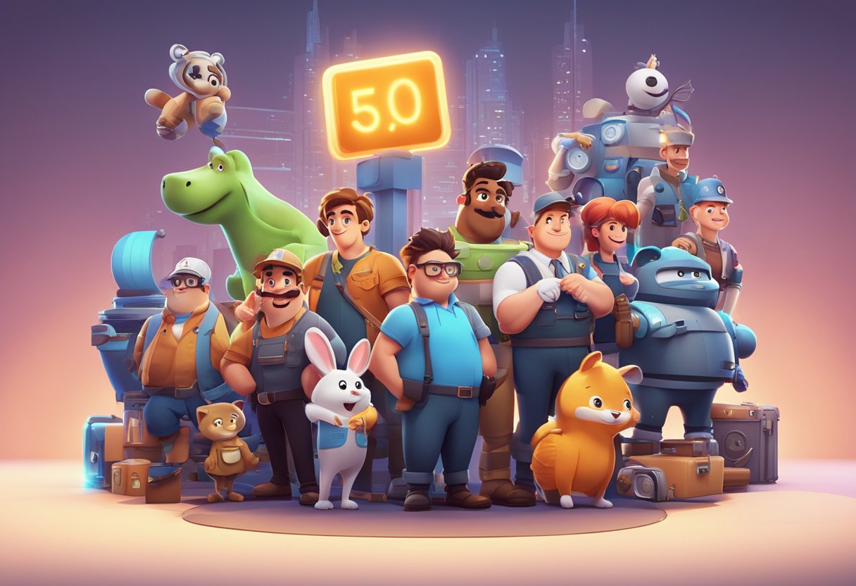 A group of animated characters and objects representing different industries and styles, gathered around a glowing sign for a custom animation agency in the UK