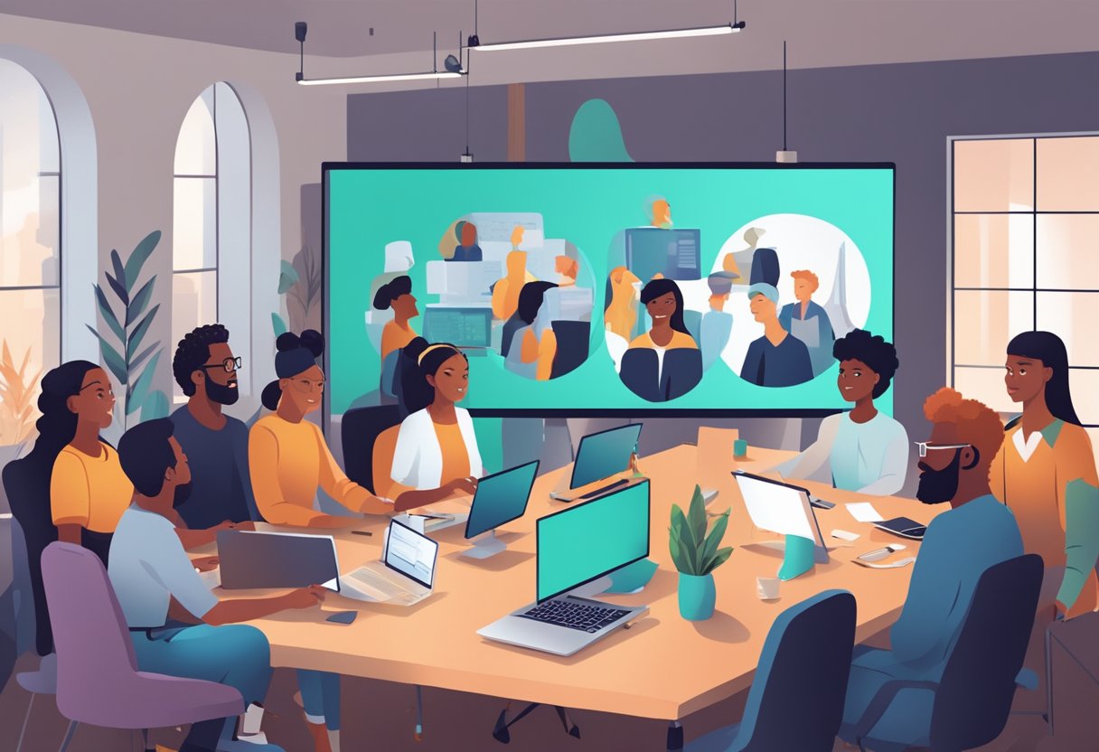 A group of diverse people gather around a large screen, pointing and discussing while a creative team works on custom animations in a modern agency setting in the UK
