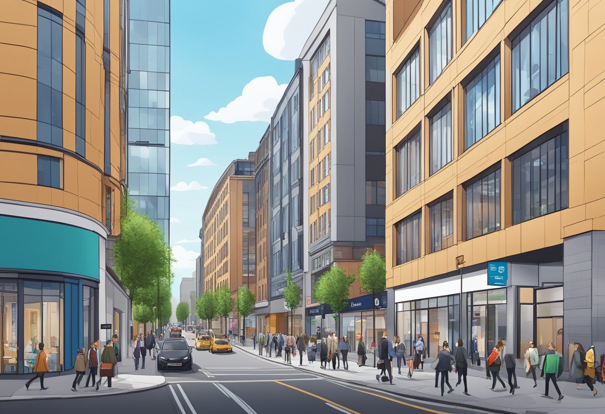 A bustling city street in Belfast, with modern office buildings and creative studios, showcasing the vibrant animation industry