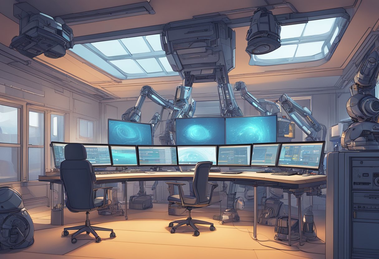 A futuristic AI-powered animation studio in Belfast, with advanced technology and robotic arms creating vibrant and lifelike animated characters