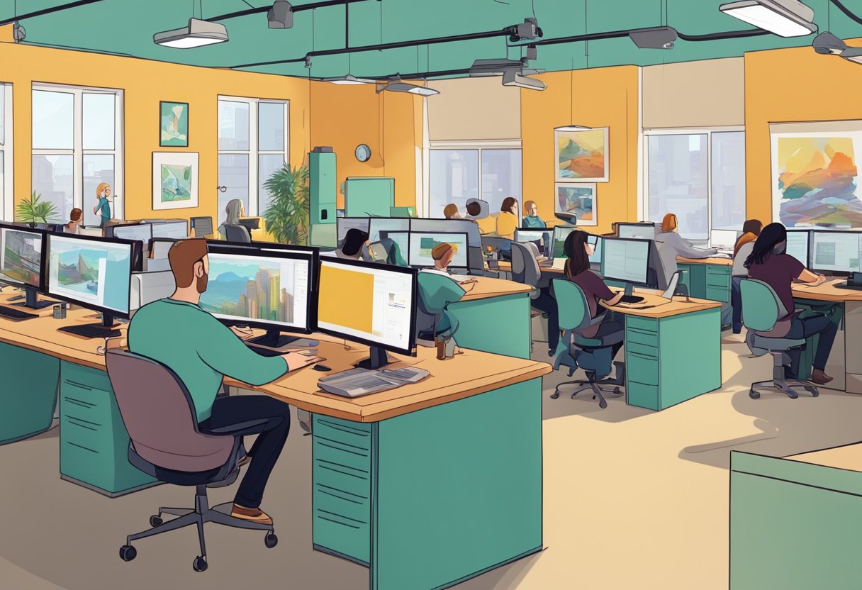 A bustling animation studio in Belfast, with artists at their desks creating digital characters and scenes using advanced technology