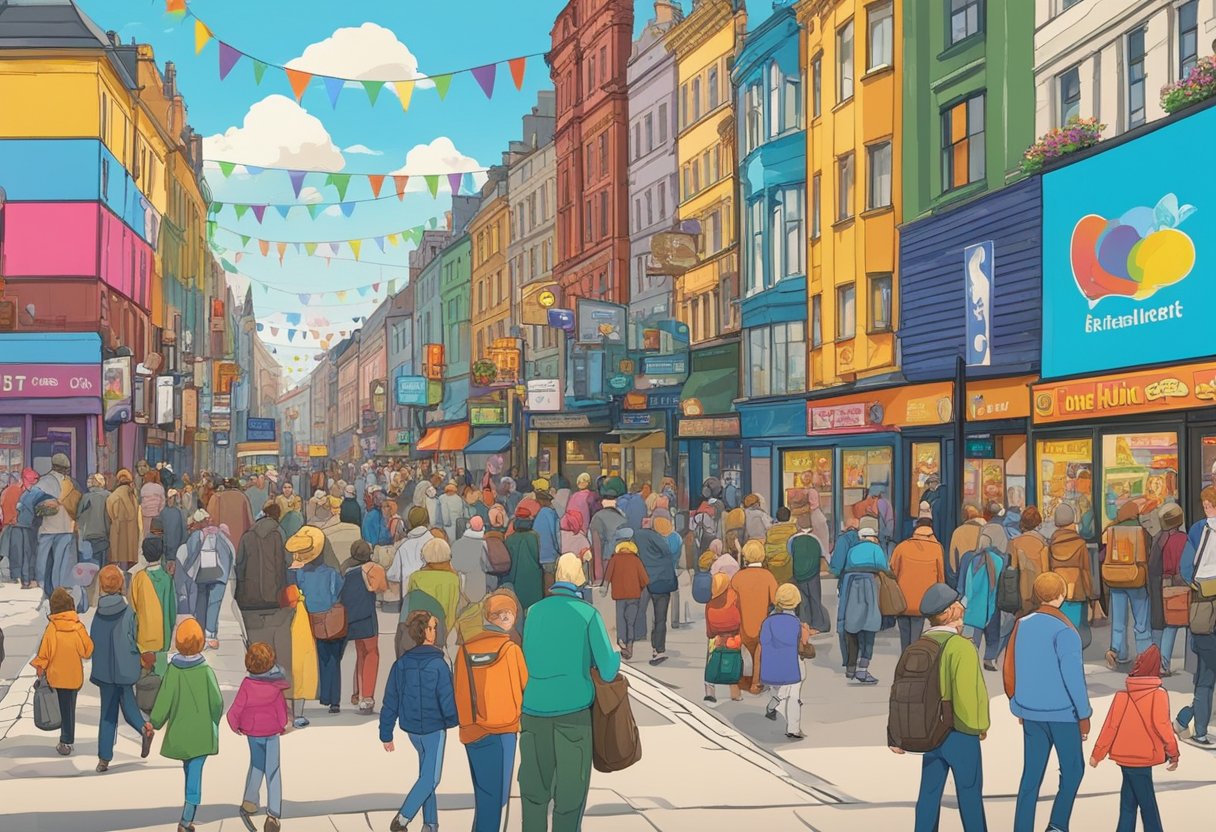 A bustling street in Belfast, with colorful posters and billboards advertising various animated shows and movies. People of all ages are captivated by the vibrant displays