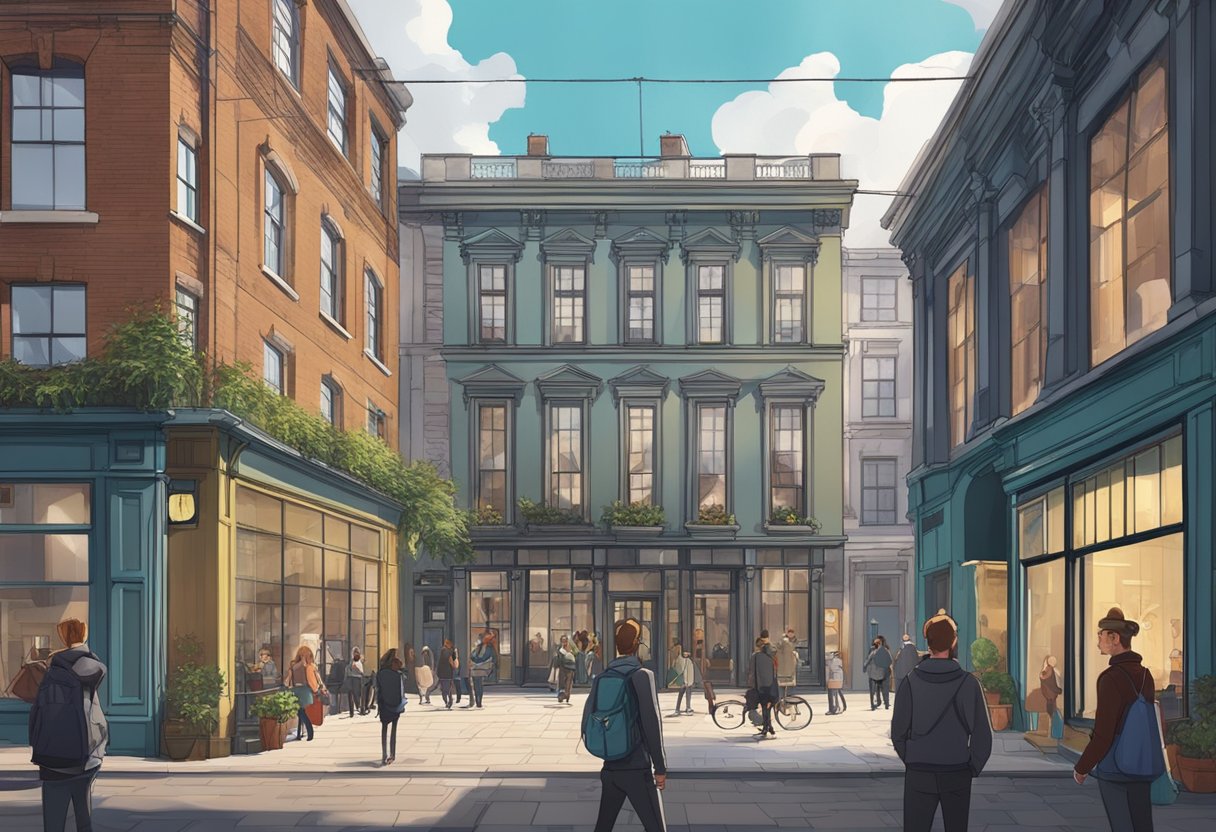 A bustling animation studio in Belfast, with artists collaborating on projects amid a backdrop of historic architecture and modern technology