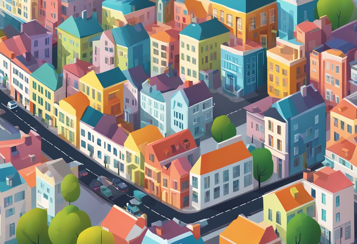 A colorful cityscape with vibrant buildings and dynamic shapes, showcasing the creative and innovative animation industry in Belfast