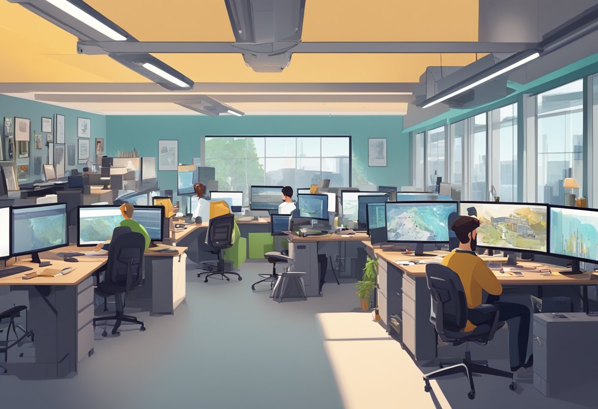 A bustling animation studio in Manchester, UK, with artists working on various projects, surrounded by state-of-the-art equipment and vibrant concept art