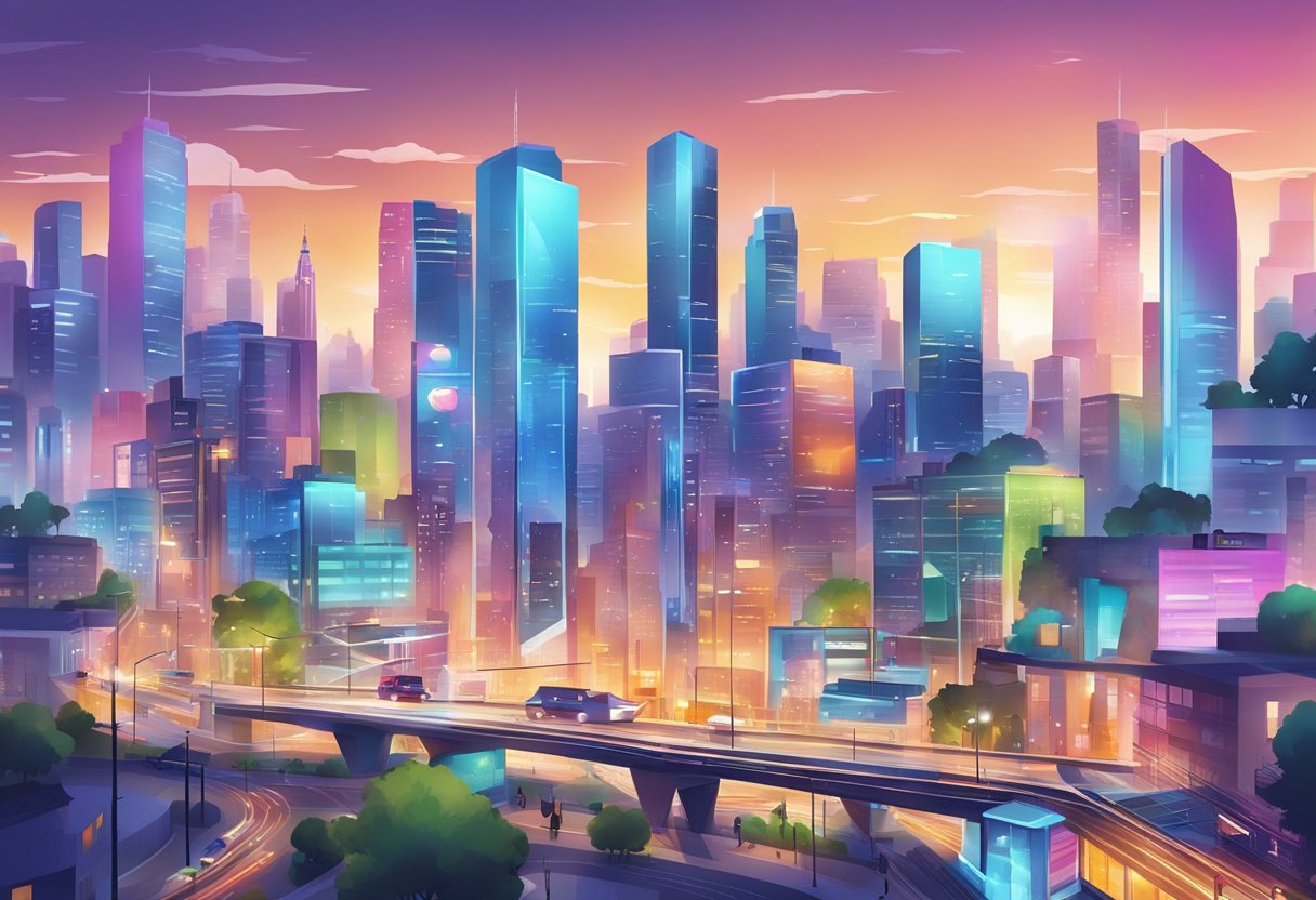 A bustling city skyline with vibrant, modern buildings and colorful billboards, showcasing the latest innovations and trends in animation
