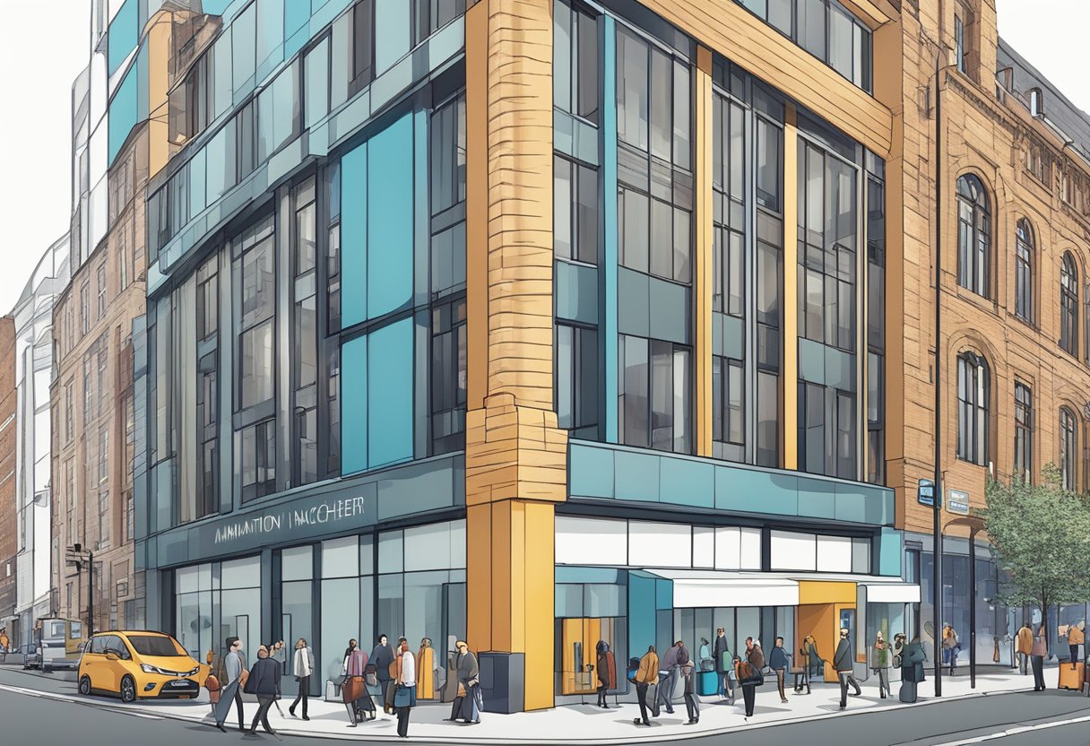 A bustling city street with a modern office building featuring a bold sign for "Animation Services Manchester."